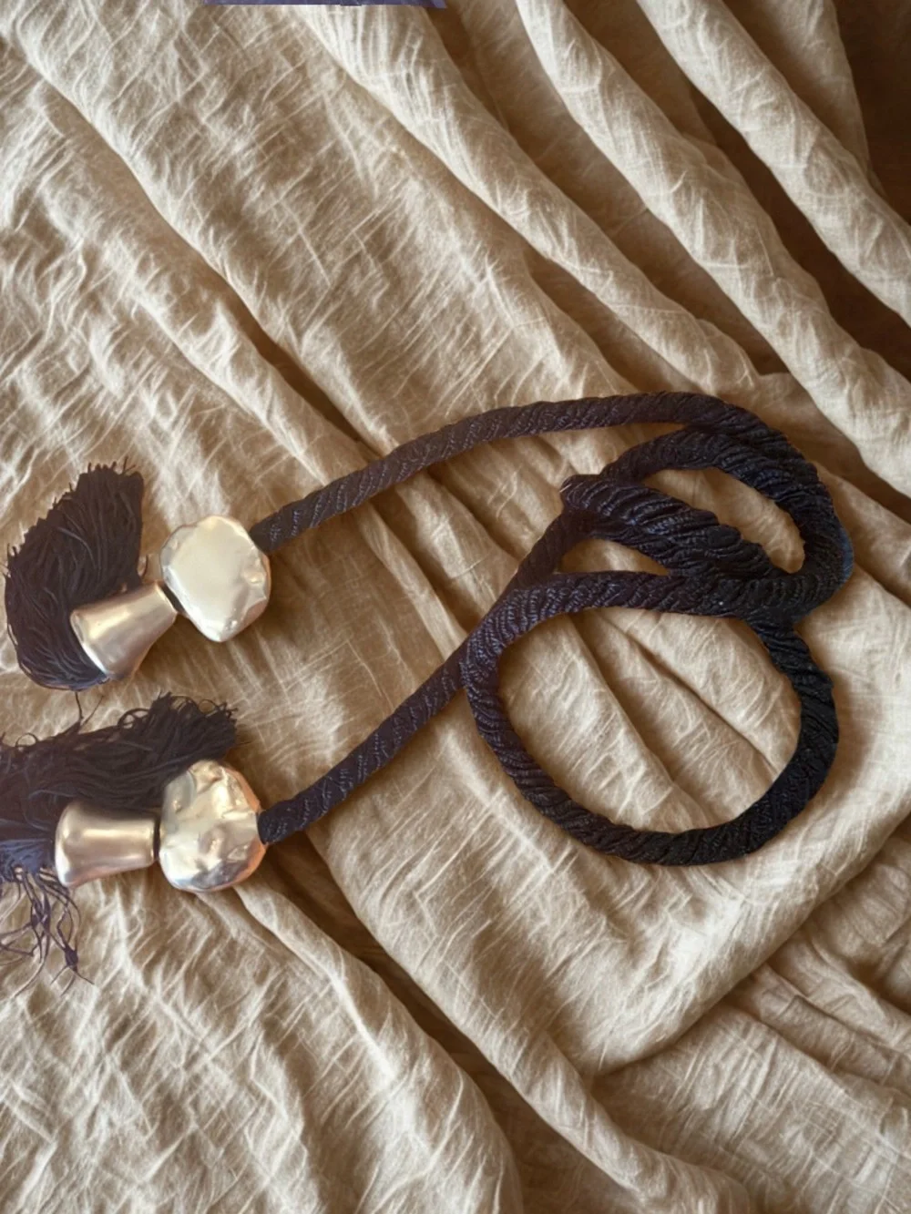 Handcrafted Black Tassel Leather Belt with Hammered Goldtone Accents